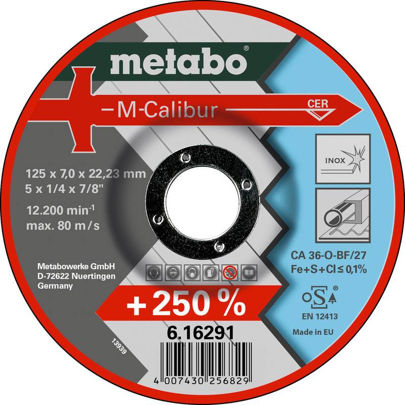 Metabo M-Calibur Trennscheiben-Paket Etikett mit Größe 125 x 7,0 x 22,23 mm, max. 12.200 U/min, +250% und Barcode.