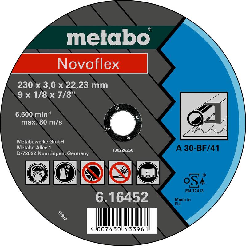 Ein Etikett einer Metabo Novoflex Schleiftrennscheibe mit Angaben zu Größe, Drehzahlbewertung, Produktnummer, Barcode und Sicherheitssymbolen.