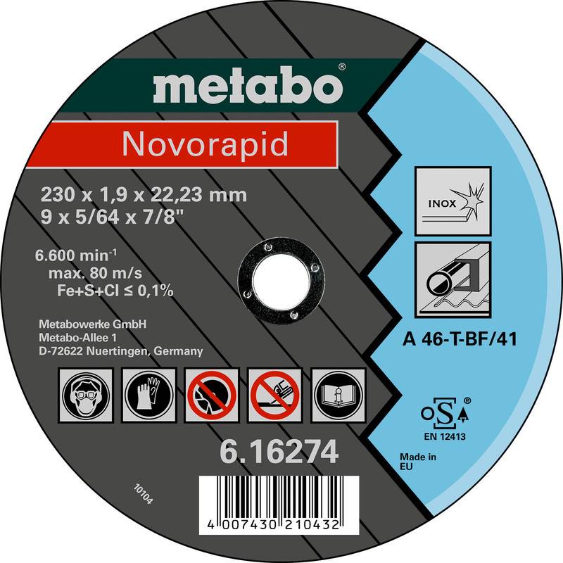 Metabo Novorapid Metalltrennscheibe mit Angaben zu Größe, Geschwindigkeitsbegrenzung, Verwendung für INOX, Produktcode A 46-T-BF/41 und Barcode.