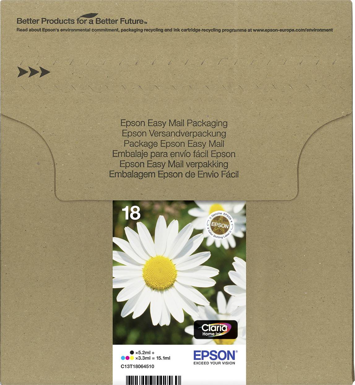 Epson Druckerpatrone T1806, 18 Easy Mail Packaging Original Kombi-Pack Schwarz, Cyan, Magenta, Gelb C13T18064511