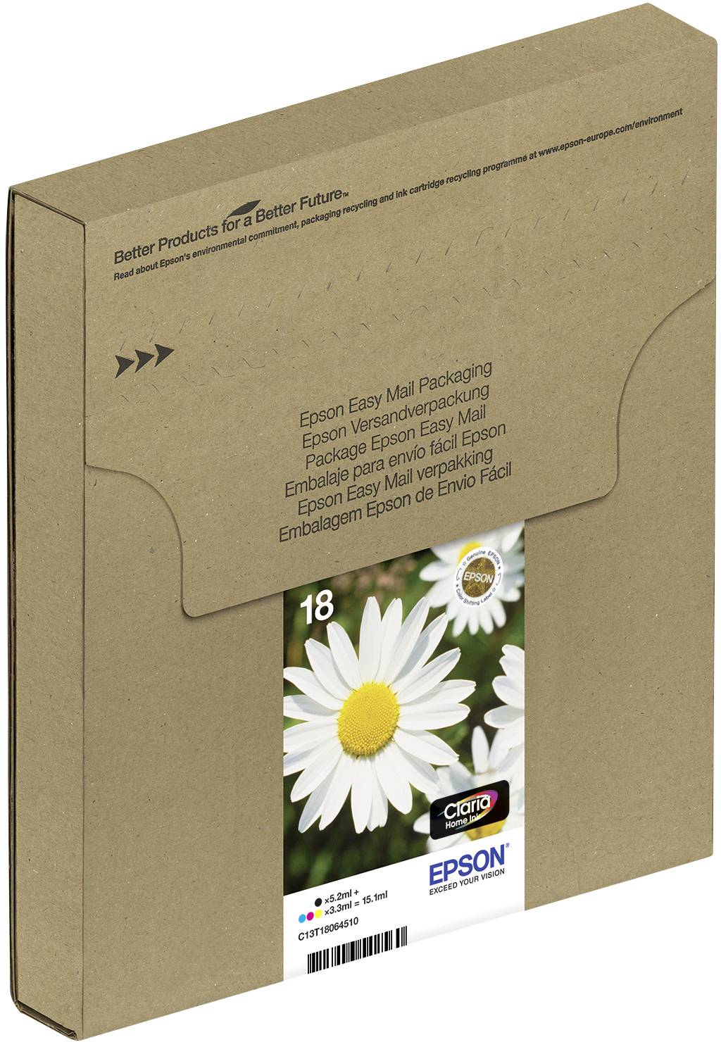 Epson Druckerpatrone T1806, 18 Easy Mail Packaging Original Kombi-Pack Schwarz, Cyan, Magenta, Gelb C13T18064511