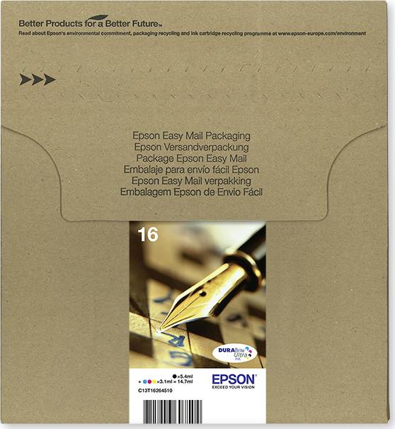 Epson Druckerpatrone T1626, 16 Easy Mail Packaging Original Kombi-Pack Schwarz, Cyan, Magenta, Gelb C13T16264511