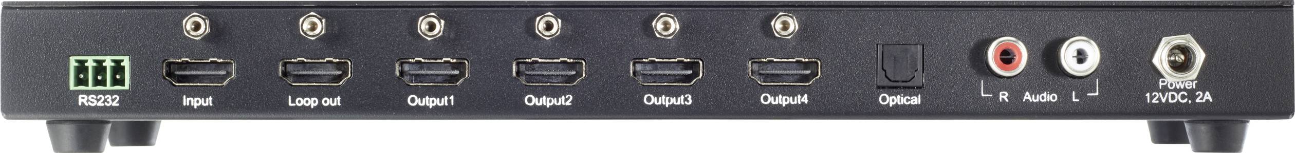 Rückseite eines elektronischen Geräts mit mehreren HDMI- und Audiobuchsen für Ein- und Ausgänge, einschließlich RS232-Anschluss.