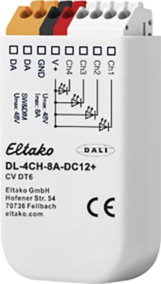 Ein digitaler DALI-Dimmer mit 4 Kanälen, bezeichnet als 'DL-4CH-8A-DC12+'. Anschlussmöglichkeiten sind in verschiedenen Farben codiert.