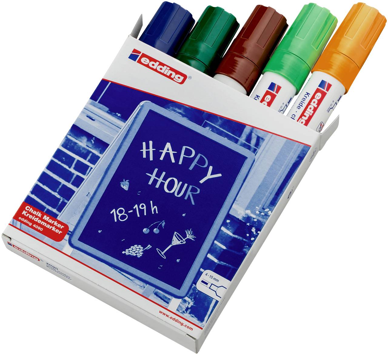 Eine Verpackung mit Edding-Markenstiften in verschiedenen Farben, die für das Schreiben auf Tafeln geeignet sind.