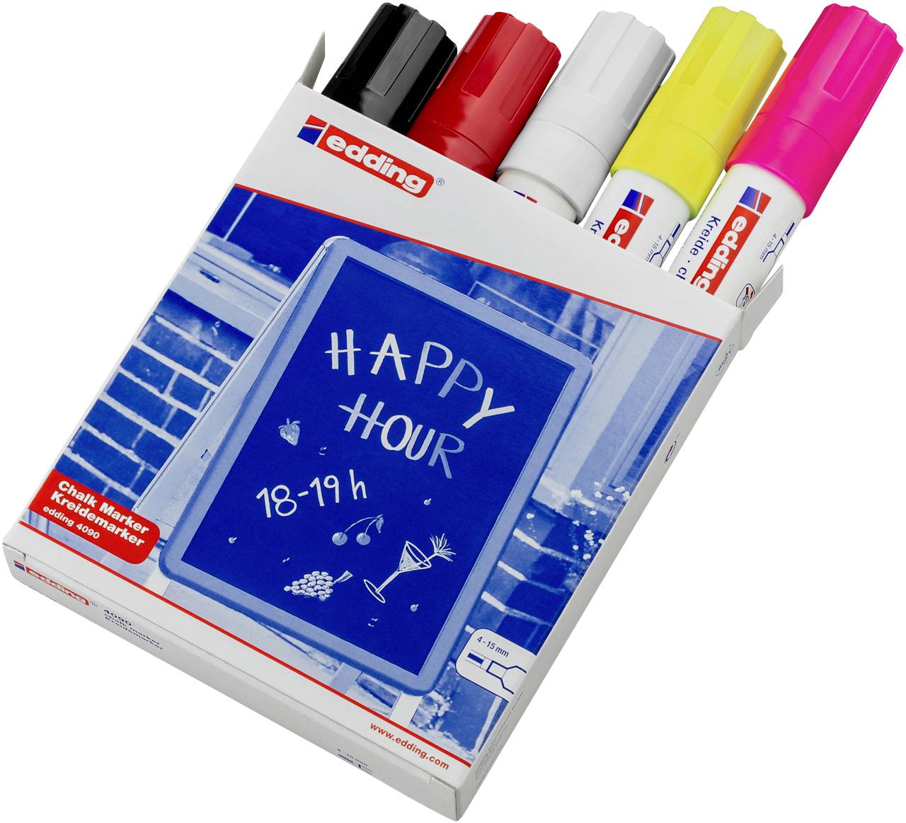 Vier farbige Kreidemarker (schwarz, rot, weiß, gelb) von Edding in einer Verpackung. Die Verpackung zeigt eine Tafel mit 'Happy Hour 18-19h'.