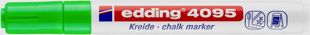 Ein grüner Stift mit der Aufschrift 'edding 4095 Kreide - chalk marker', geeignet für glatte Oberflächen, links mit grünem Deckel.
