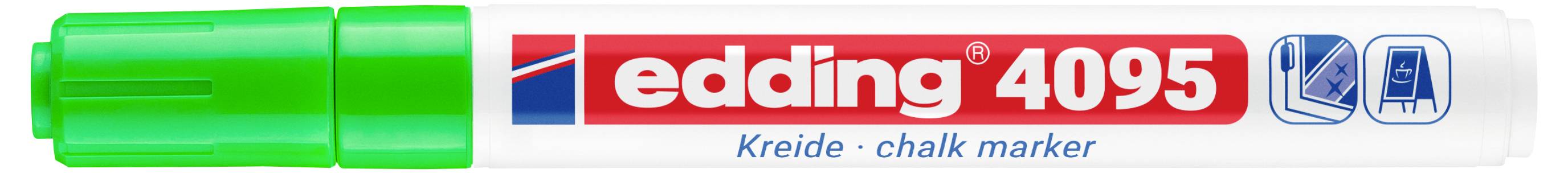 Edding 4095 Kreidestift mit grüner Kappe und grüner Spitze, gezeigt in Verpackung mit der Aufschrift "edding 4095" und "Kreide • chalk marker".