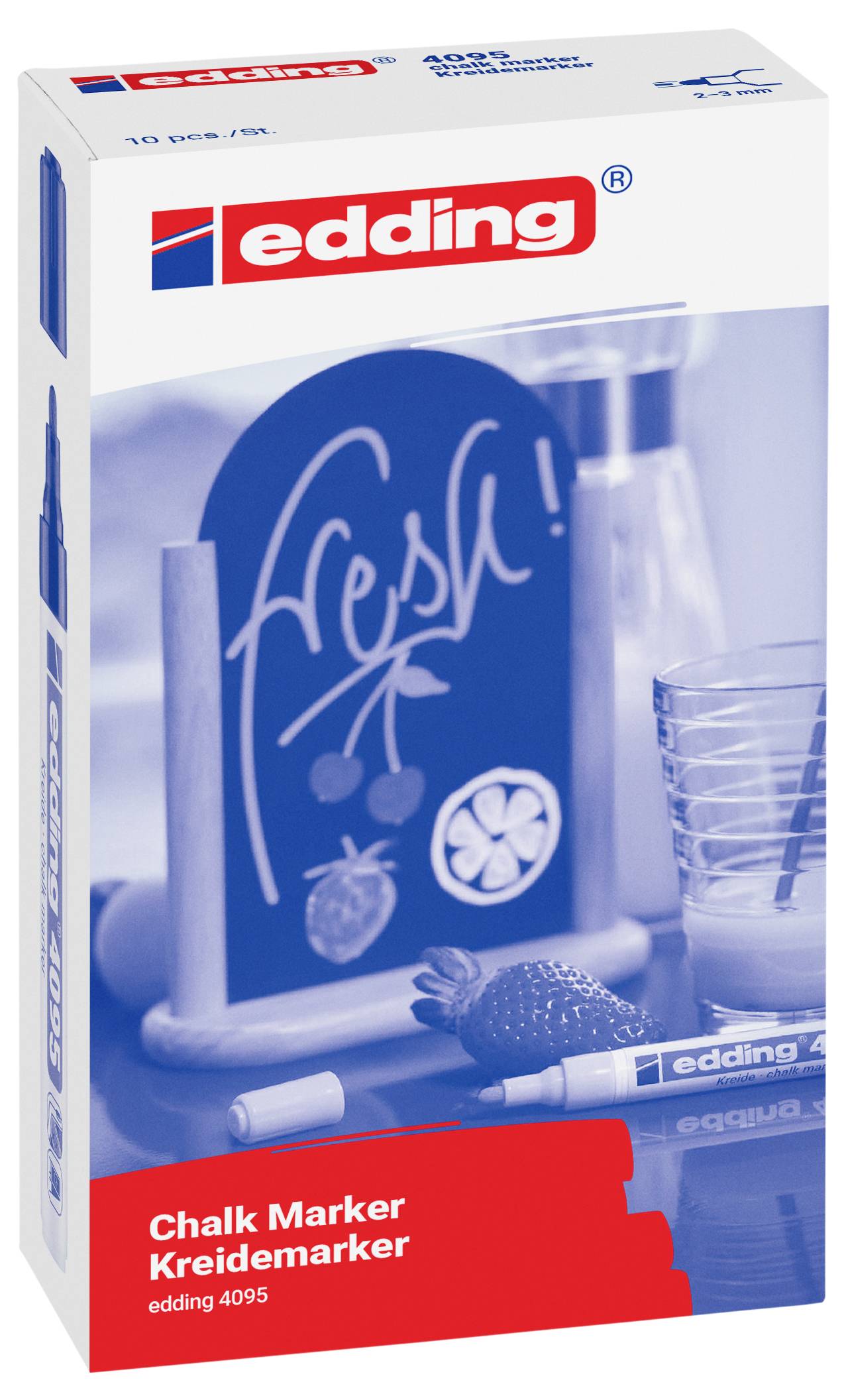 Packung mit edding-Kreidemarker, beschriftet mit "Chalk Marker/Kreidemarker" und "edding 4095", zeigt ein blaues Tafel-ähnliches Musterbild.