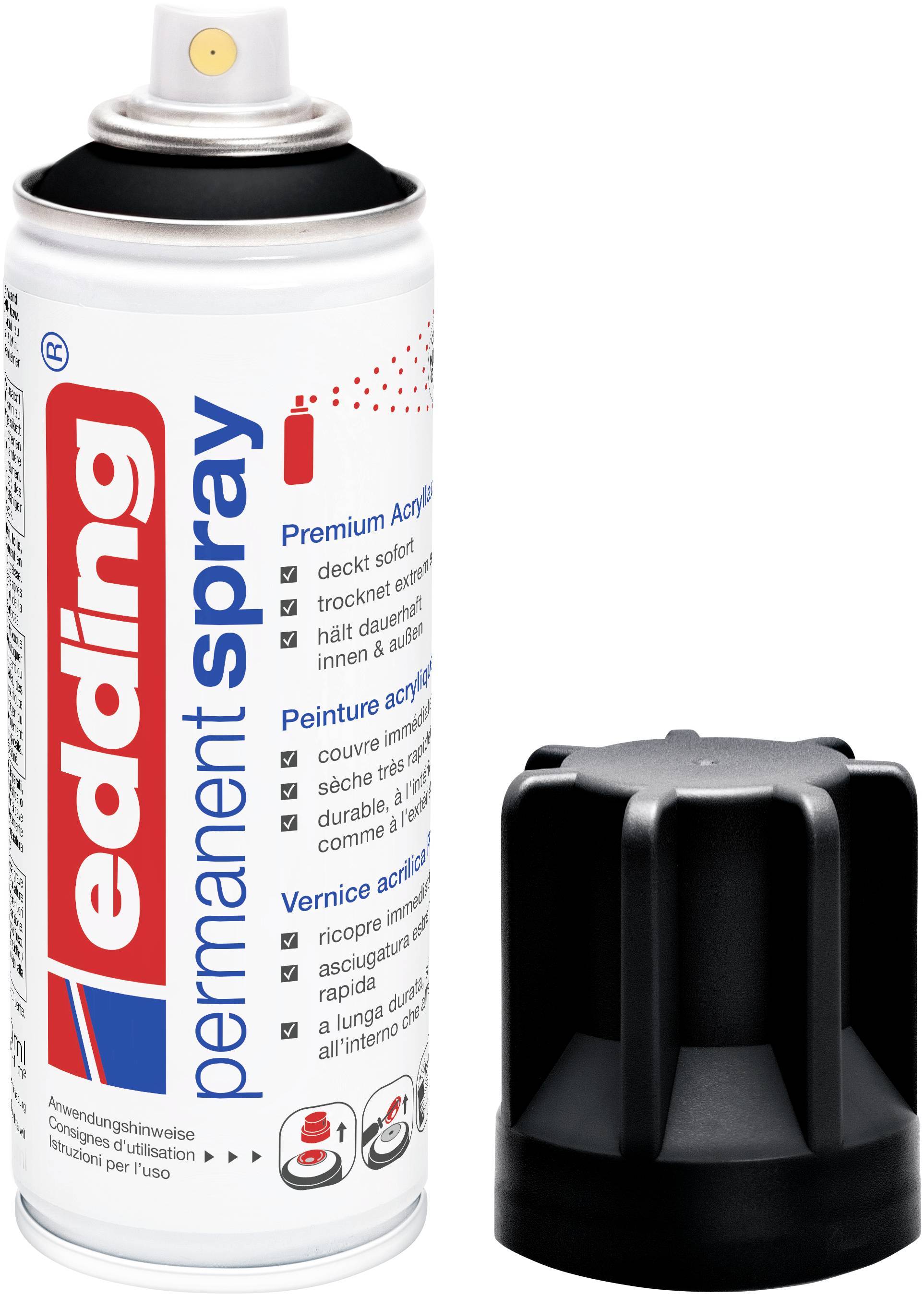 Dose edding Permanentspray mit schwarzer Kappe daneben auf weißem Hintergrund.