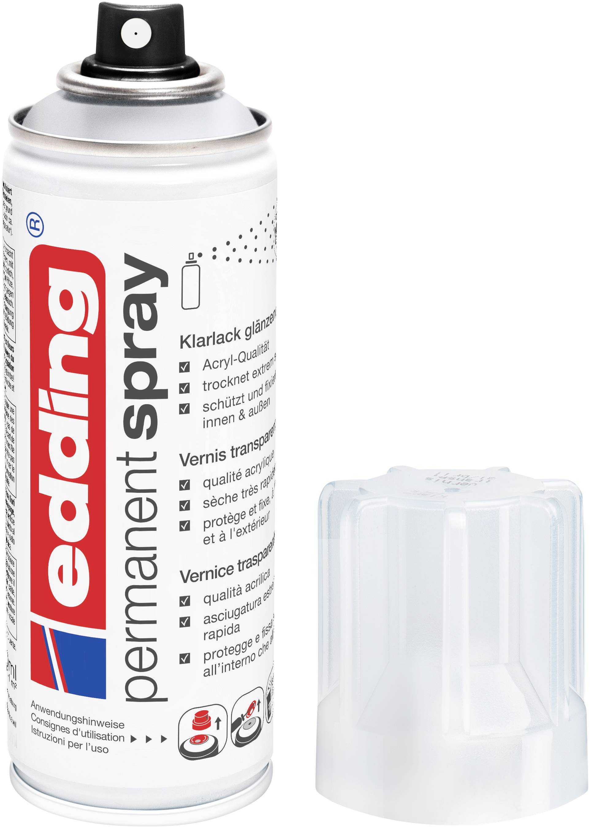 Eine Dose Edding-Permanentspray mit einer abnehmbaren Sprühkappe, die daneben auf weißem Hintergrund abgebildet ist.