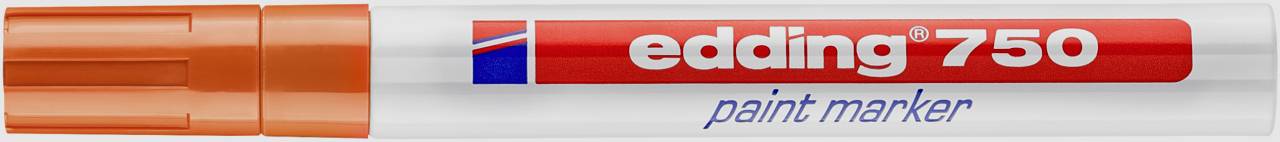 Ein oranger 'edding 750' Lackmarker mit rotem, blauem und weißem Design auf der Hülse.