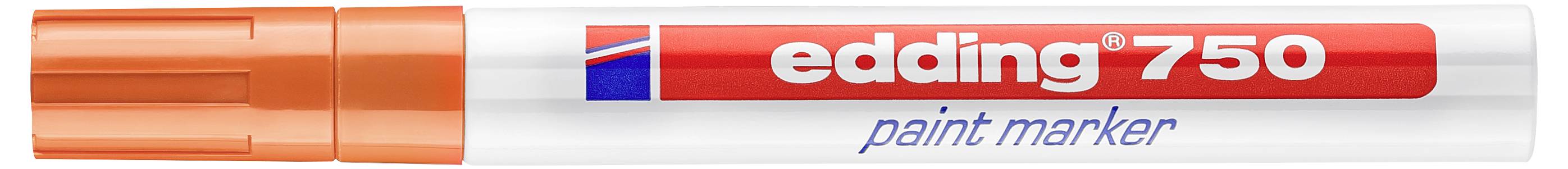 Ein orange-weißer Edding 750 Lackmalstift mit der Aufschrift „edding 750" und „paint marker".