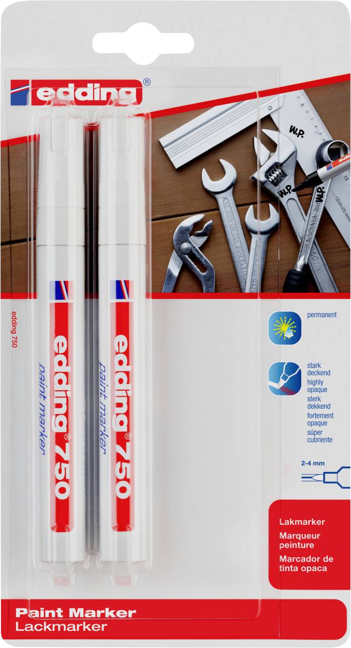 Zwei weiße Permanentmarker von edding, geeignet für handwerkliche Arbeiten. Verpackung zeigt Werkzeuge im Hintergrund.