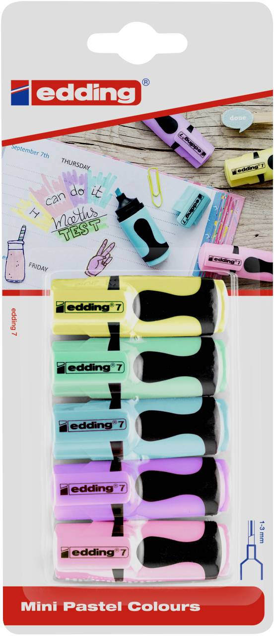 Sechs Mini-Marker in Pastellfarben auf Blisterverpackung, oben mit 'edding'-Logo. Hintergrund zeigt farbenfrohe Büroartikel.