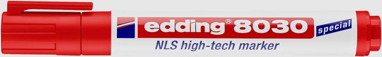 Ein roter Stift mit der Aufschrift 'edding 8030 special NLS high-tech marker'.