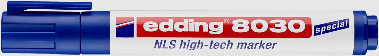 Ein blauer Edding 8030 Spezialmarker mit der Aufschrift 'NLS high-tech marker'.
