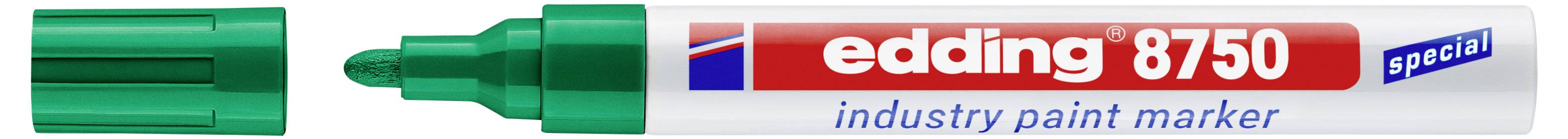 Grüner Edding 8750 Spezial-Industrielackmarker mit entfernter Kappe, zeigt die Meißelspitze und den beschrifteten Schaft.