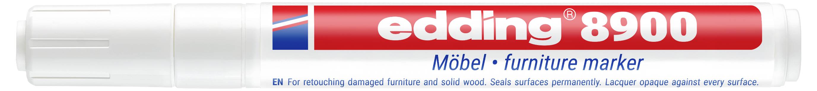 Edding 8900 Möbelmarkerstift in weiß und roter Verpackung, gekennzeichnet zum Überarbeiten von beschädigten Möbeln und Holzoberflächen.