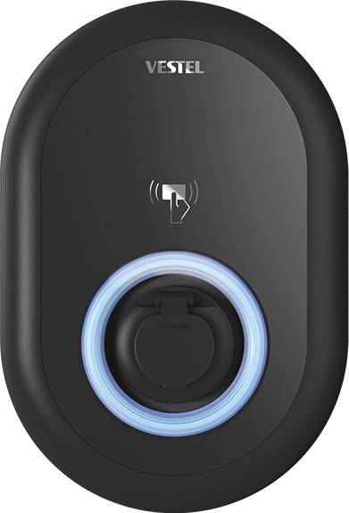 Eine schwarze, ovale Ladestation mit einem blauen Leuchtring und einem NFC-Symbol in der Mitte, Marke Vestel.