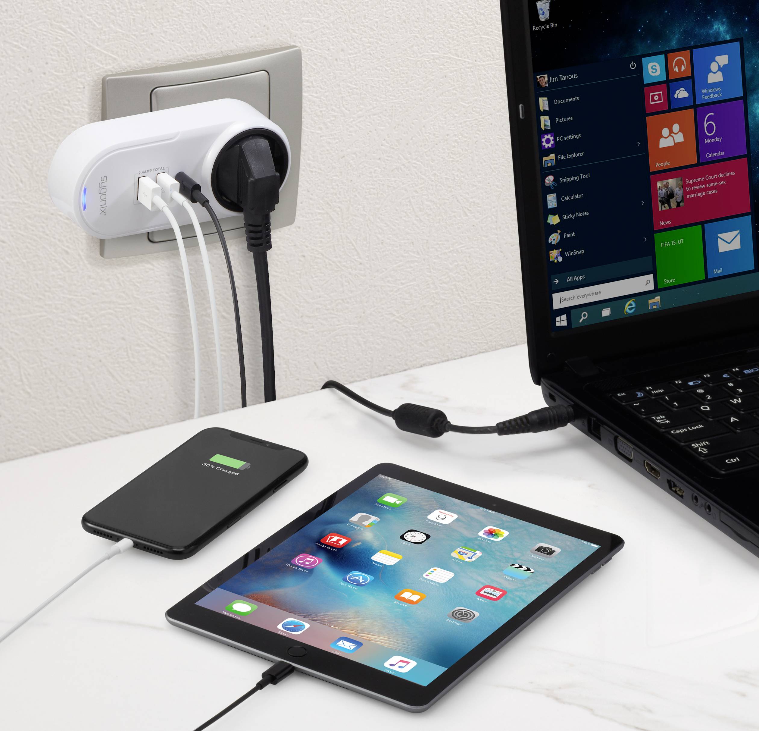 Sygonix TY1825 USB Ladegerät 18W 2x USB-A, 1x USB-C®, Schutzkontakt-Steckdose Weiß Innenbereich