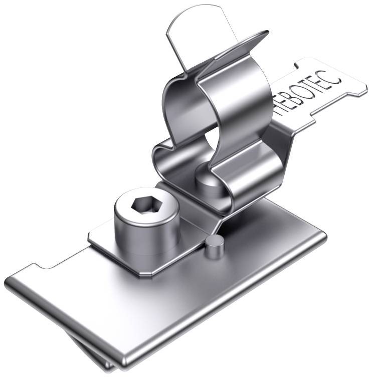 Ein silberner, metallischer Kabelclip auf weißem Hintergrund. Der Clip hat eine Schraube und eine gebogene Halterung zum Fixieren von Kabeln.