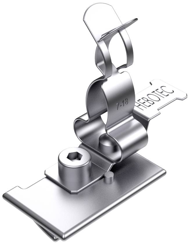Metallischer Kabelclip mit Hebotec-Logo zur Befestigung von Solarkabeln auf Dächern, zeigt das Design und die Montagelösung.