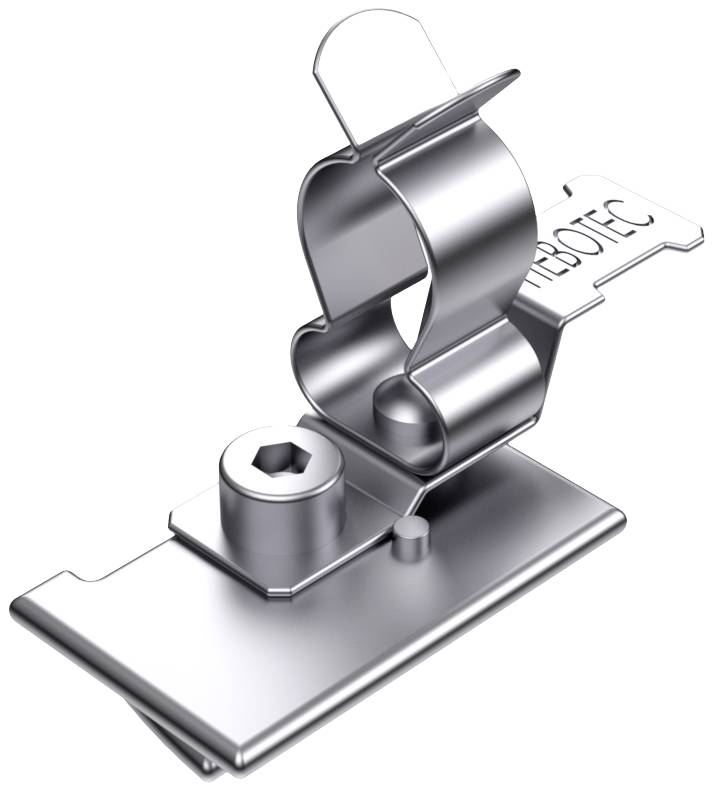 Metallclip mit Schraube montiert, dient zur Befestigung von Solarmodulen. Robust und funktional, bietet sichere Verbindung.