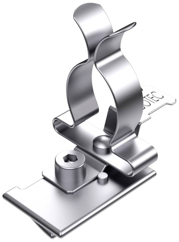 Metallischer Kabelhalter in Silber, bestehend aus zwei gefalteten Bügeln. Designed zur sicheren Befestigung von Kabeln an Oberflächen.