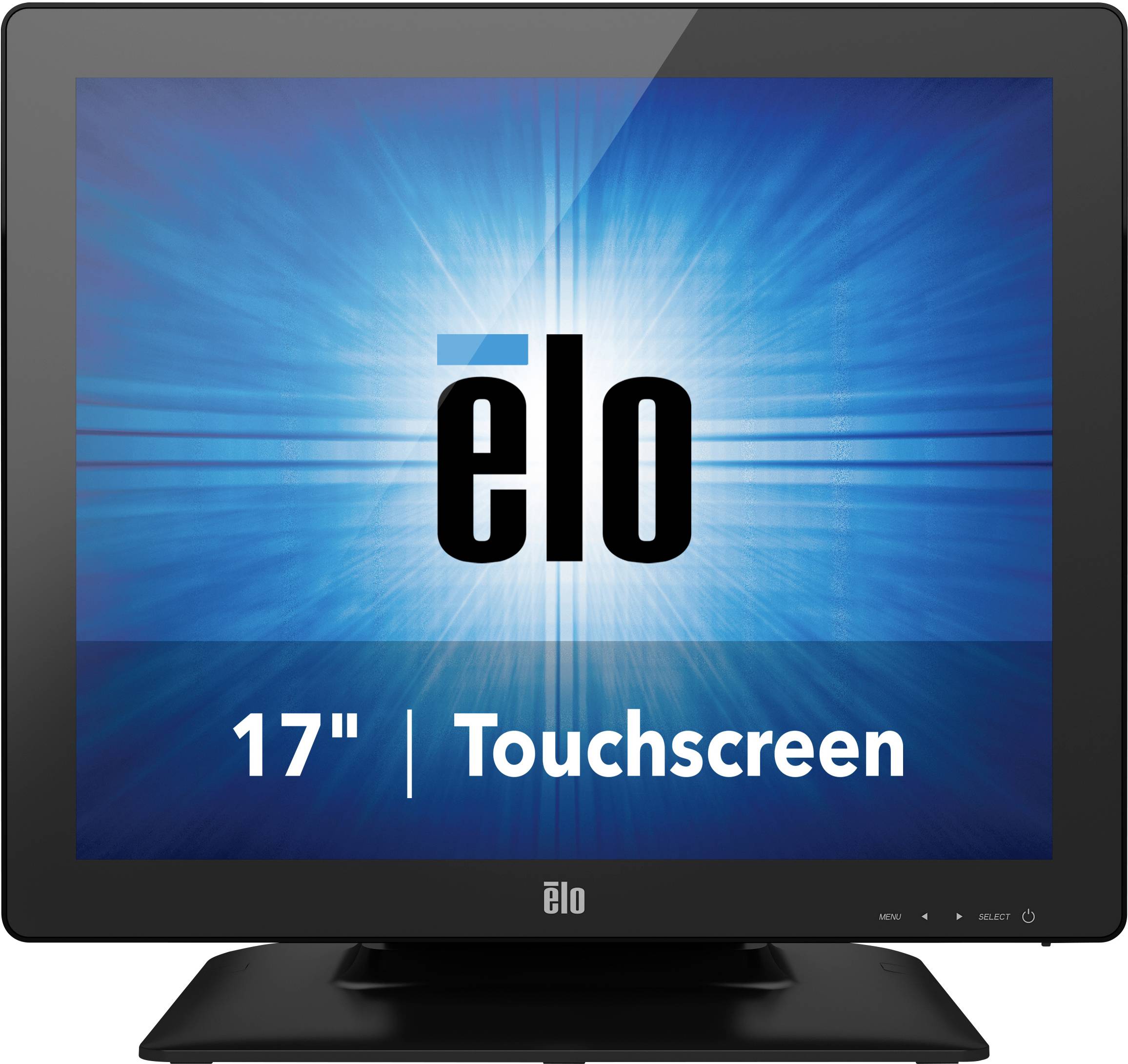 Ein 17-Zoll-Touchscreen-Monitor von Elo mit einem blauen, strahlenden Hintergrund, der das Logo hervorhebt.