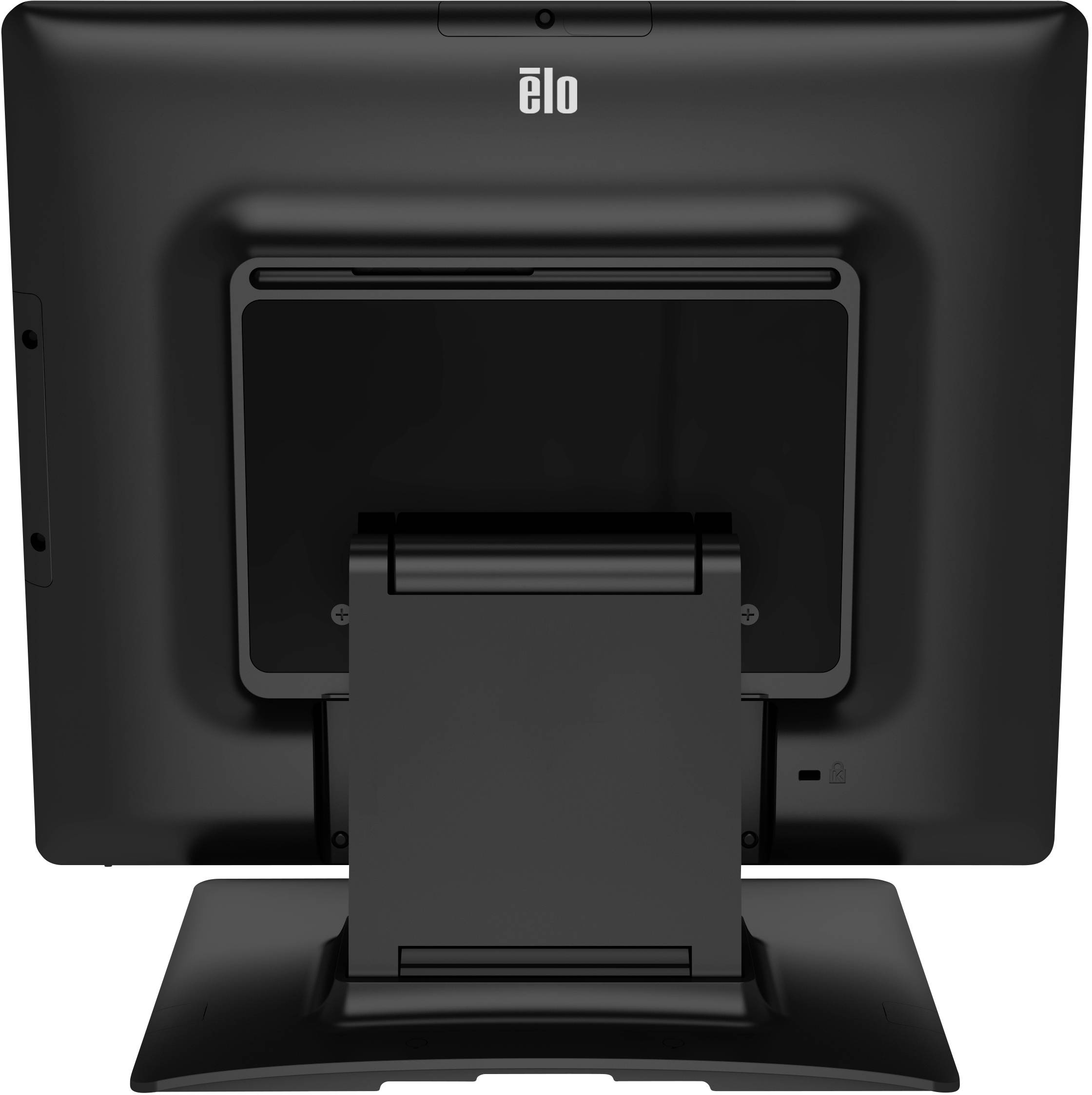 Ein schwarzer Touchscreen-Monitor von hinten, auf einem Ständer montiert.