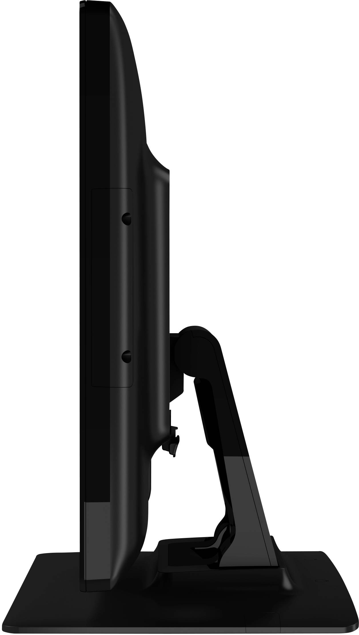 Seitenansicht eines schwarzen Computerbildschirms mit rechteckigem Standfuß.