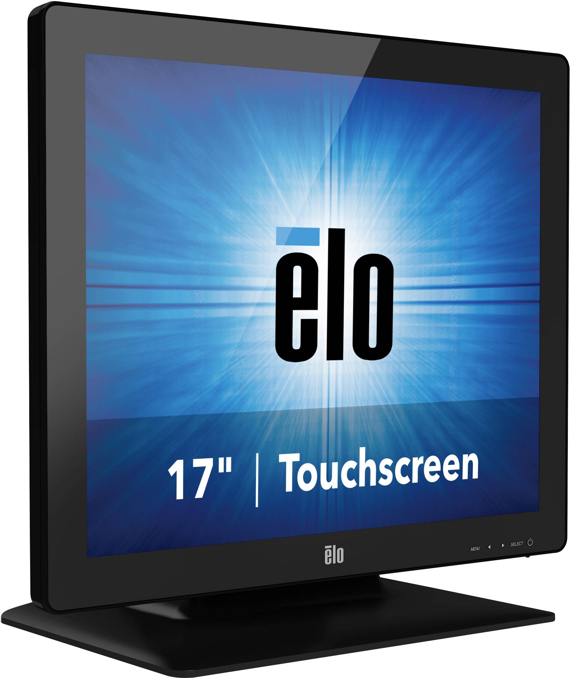 Ein 17-Zoll-Touchscreen-Monitor der Marke 'elo' mit blauem, strahlendem Hintergrund.