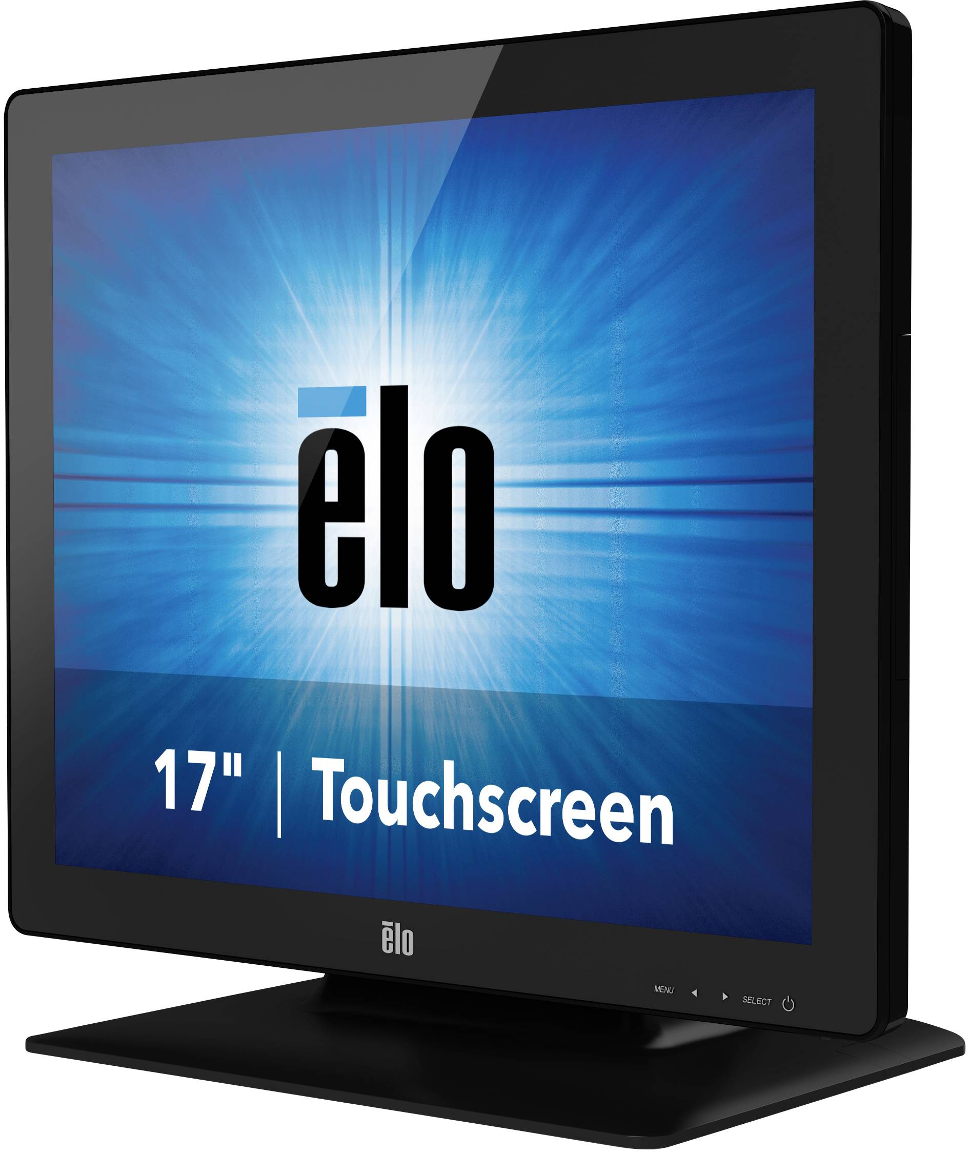 17-Zoll-Touchscreen-Monitor von Elo, Bildschirm zeigt Logo auf blauem Hintergrund.