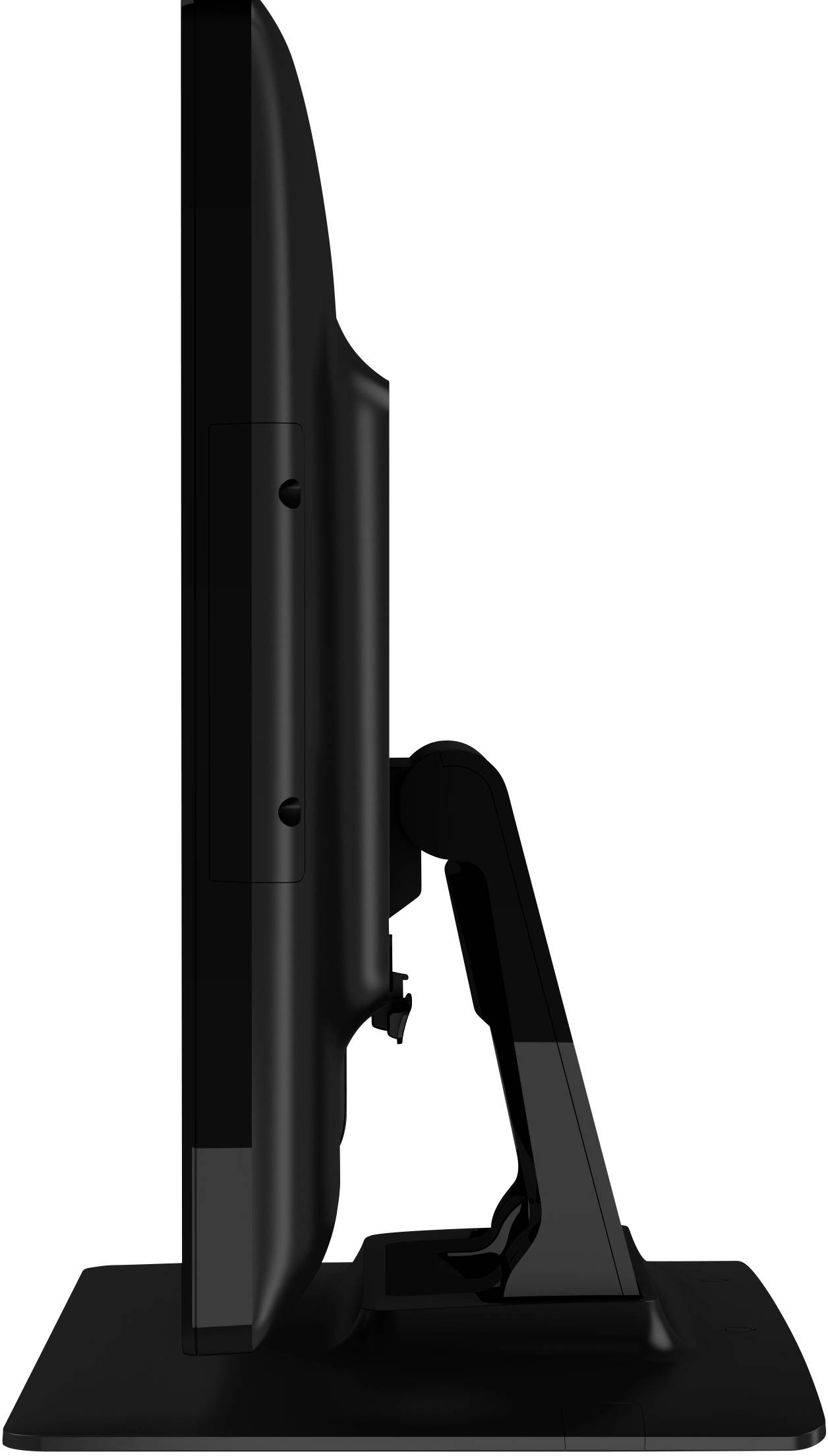 Seitenansicht eines schwarzen Computerbildschirms auf einem schwarzen Standfuß.