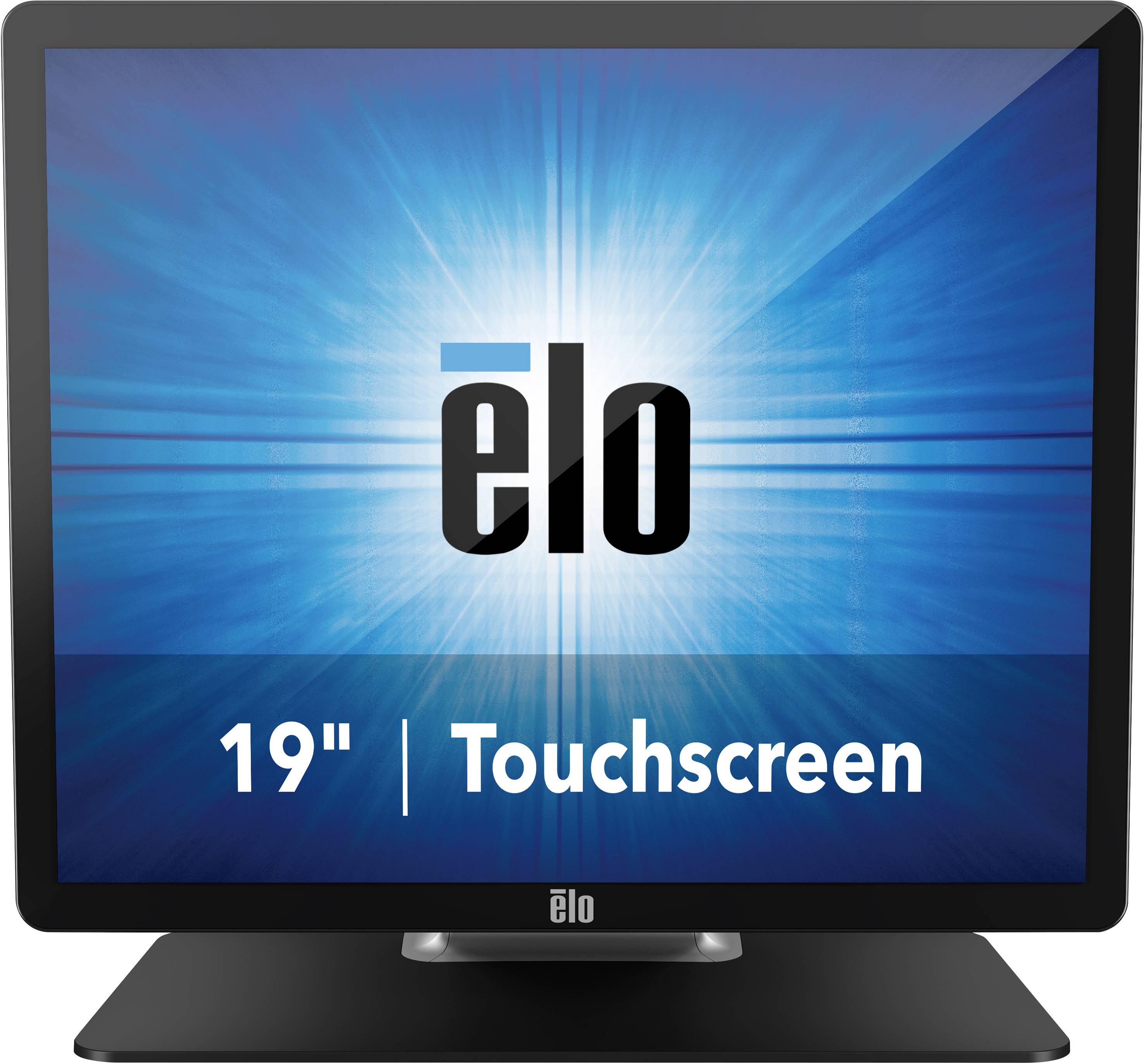 19-Zoll-Touchscreen-Monitor mit dem Logo von Elo in der Mitte des Bildschirms, umgeben von einem blauen Lichtstrahl.