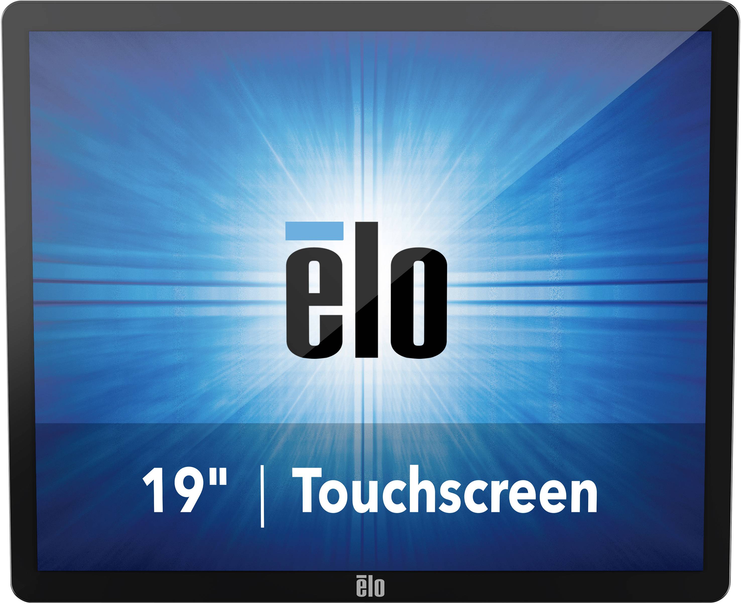 Ein 19-Zoll-Touchscreen-Monitor von Elo mit einem strahlenden blauen Hintergrund und dem 'elo'-Logo in der Mitte.
