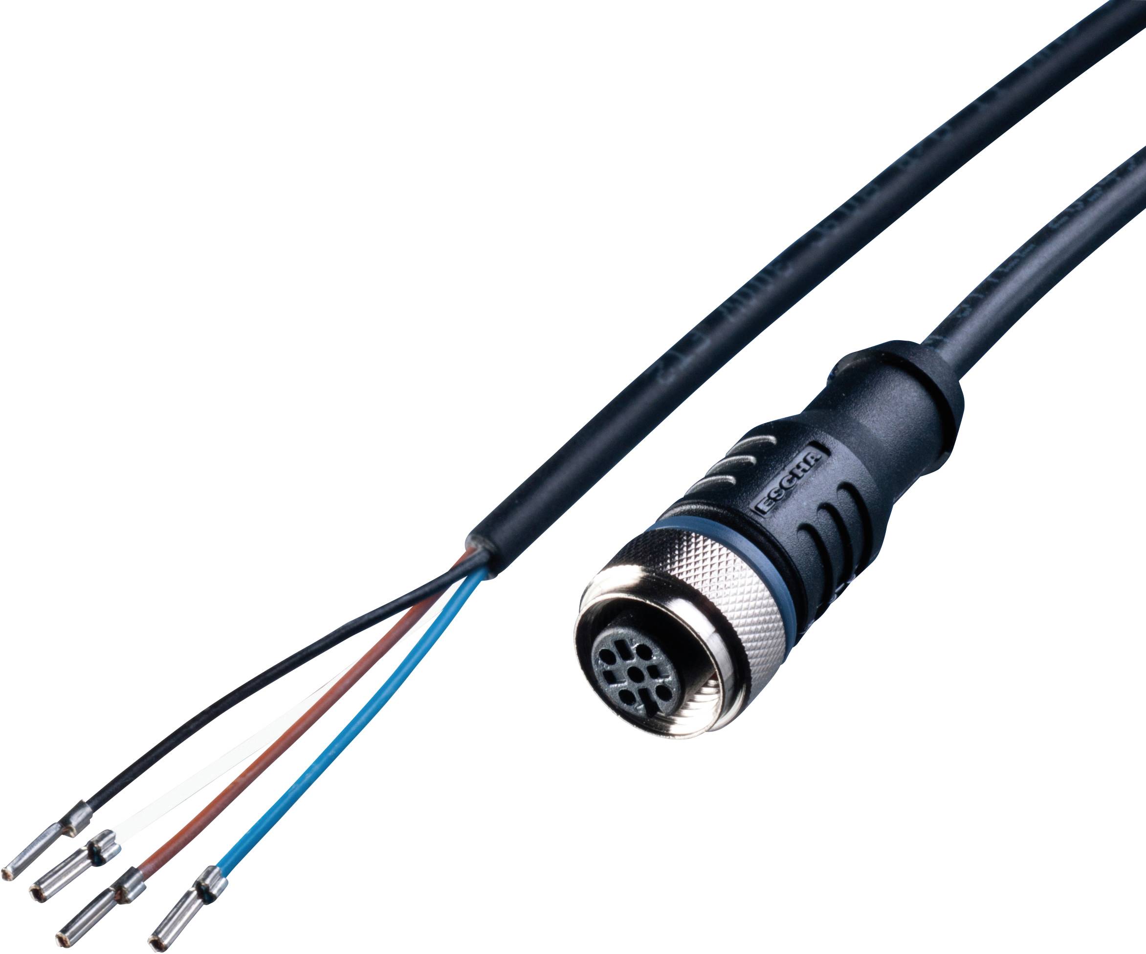 Ein schwarzes Kabel mit einem runden Metallstecker am Ende und vier freiliegenden Drähten in verschiedenen Farben: rot, blau, schwarz und weiß.