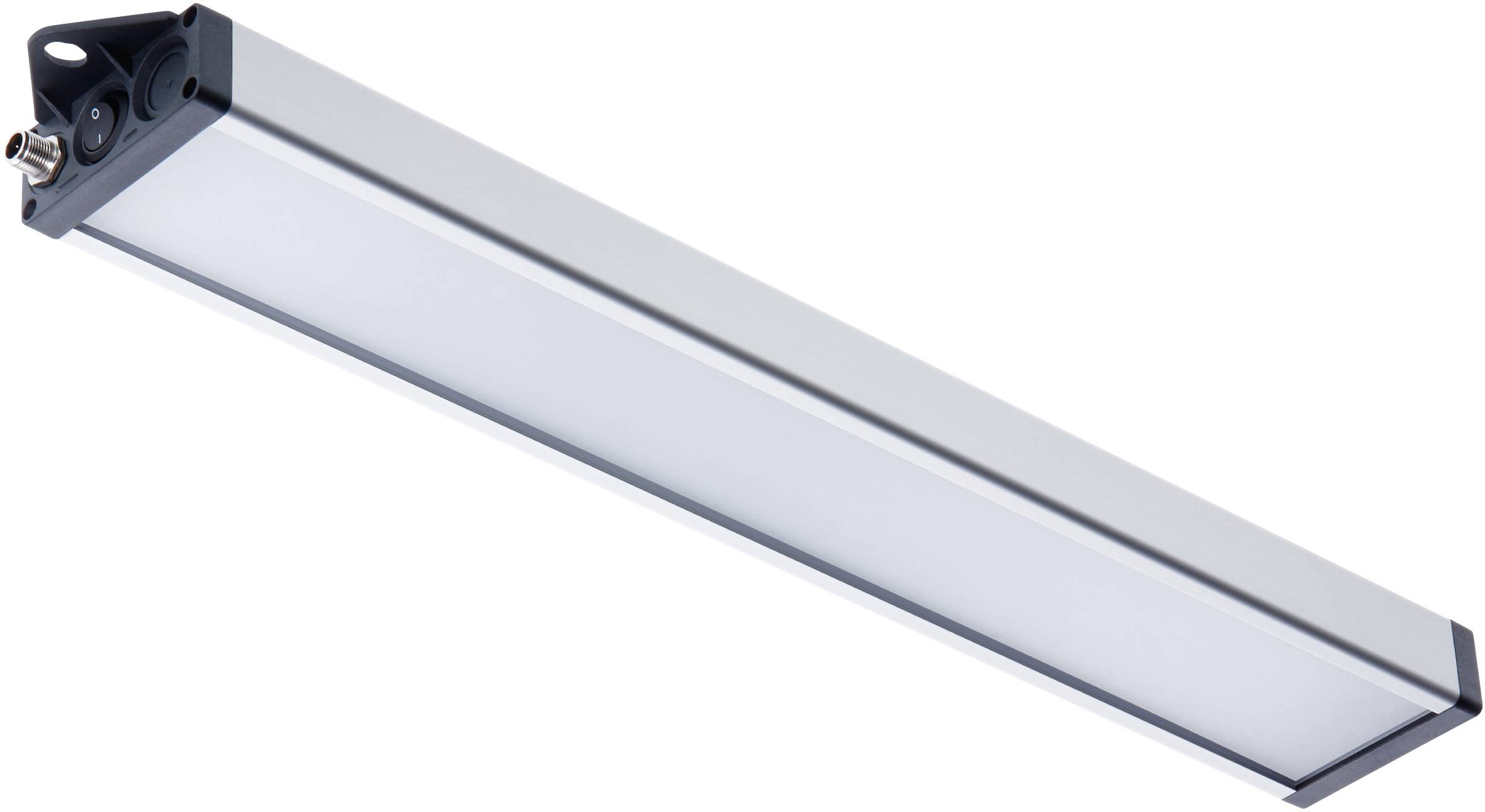 LED-Leuchte in rechteckiger Form, silberfarben mit schwarzem Rand, Kabelanschluss an der Ecke. Geeignet für industrielle Beleuchtung.