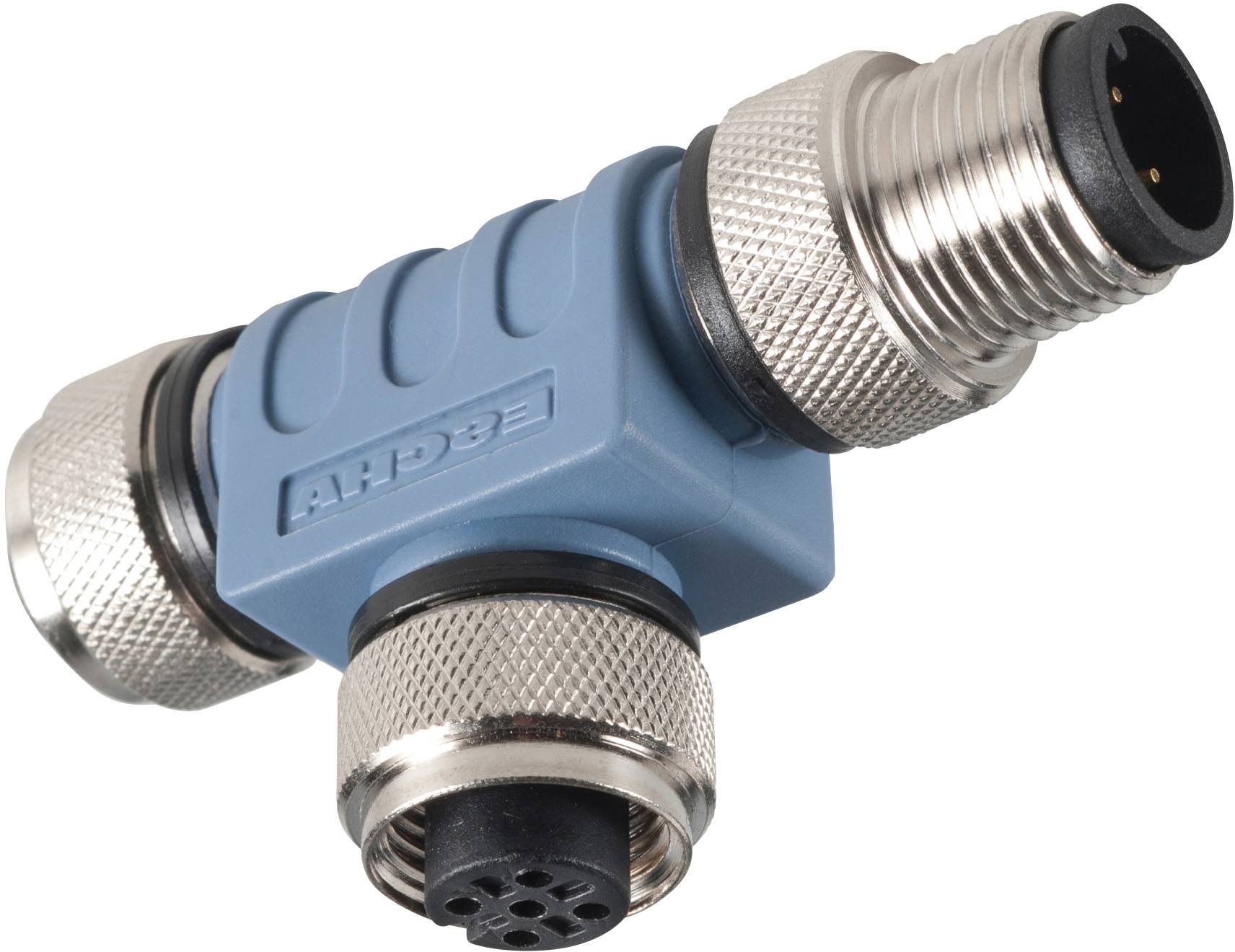 Ein blauer T-Steckverbinder mit Metallgewinden und mehreren Anschlüssen. Hauptfunktion: elektrische Verbindung von mehreren Kabeln.