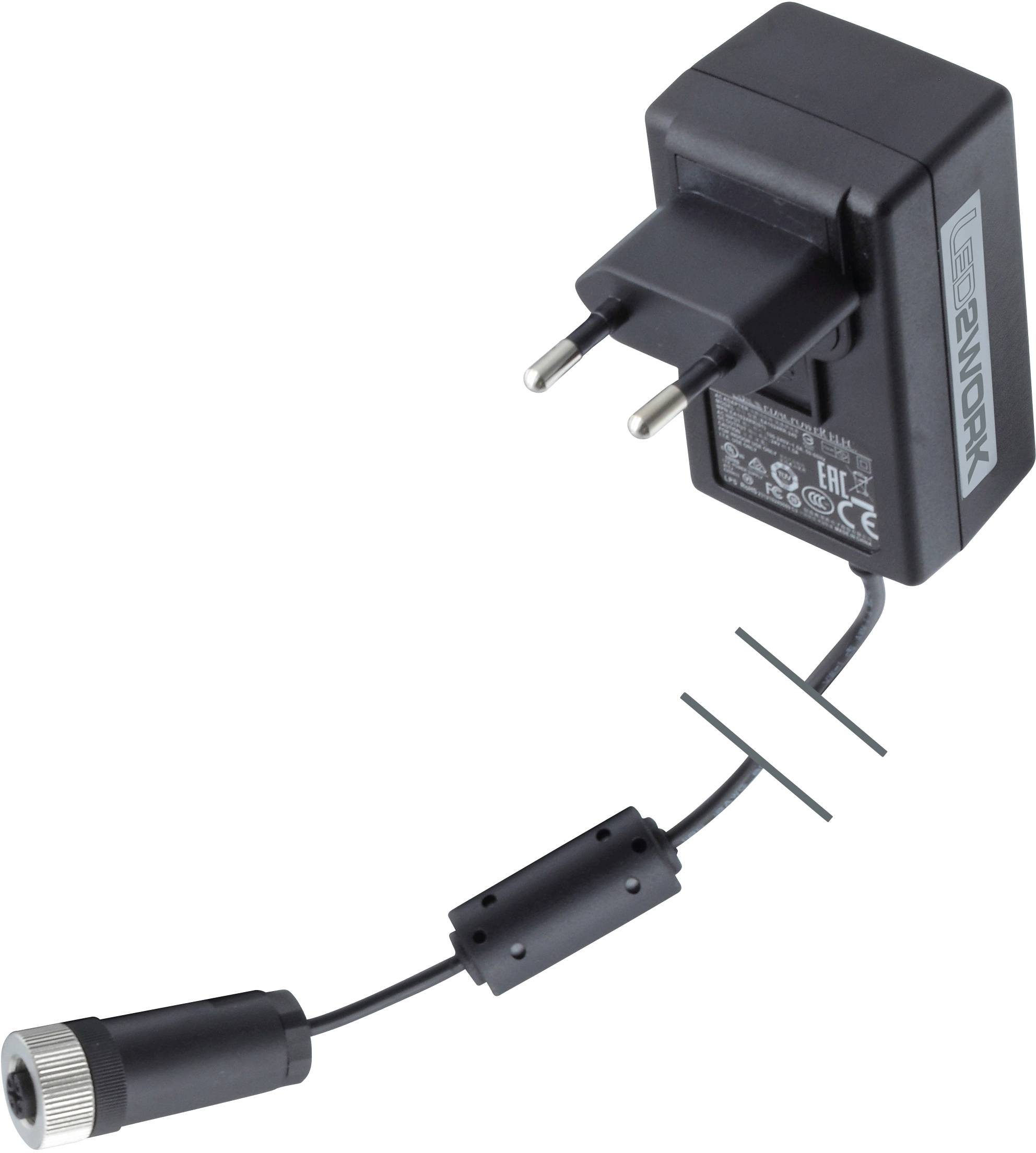 Ein schwarzes Steckernetzteil mit europäischem Stecker und befestigtem Kabel, das mit einem zylindrischen Stecker endet.