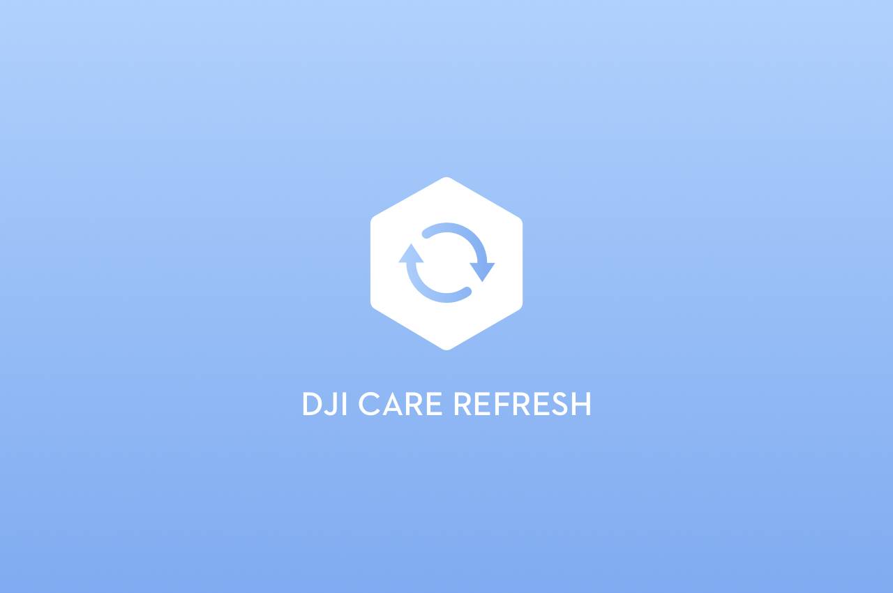 Weiße sechseckige Ikone mit einem rotierenden Pfeilsymbol, darunter der Text 'DJI CARE REFRESH' auf blauem Hintergrund.