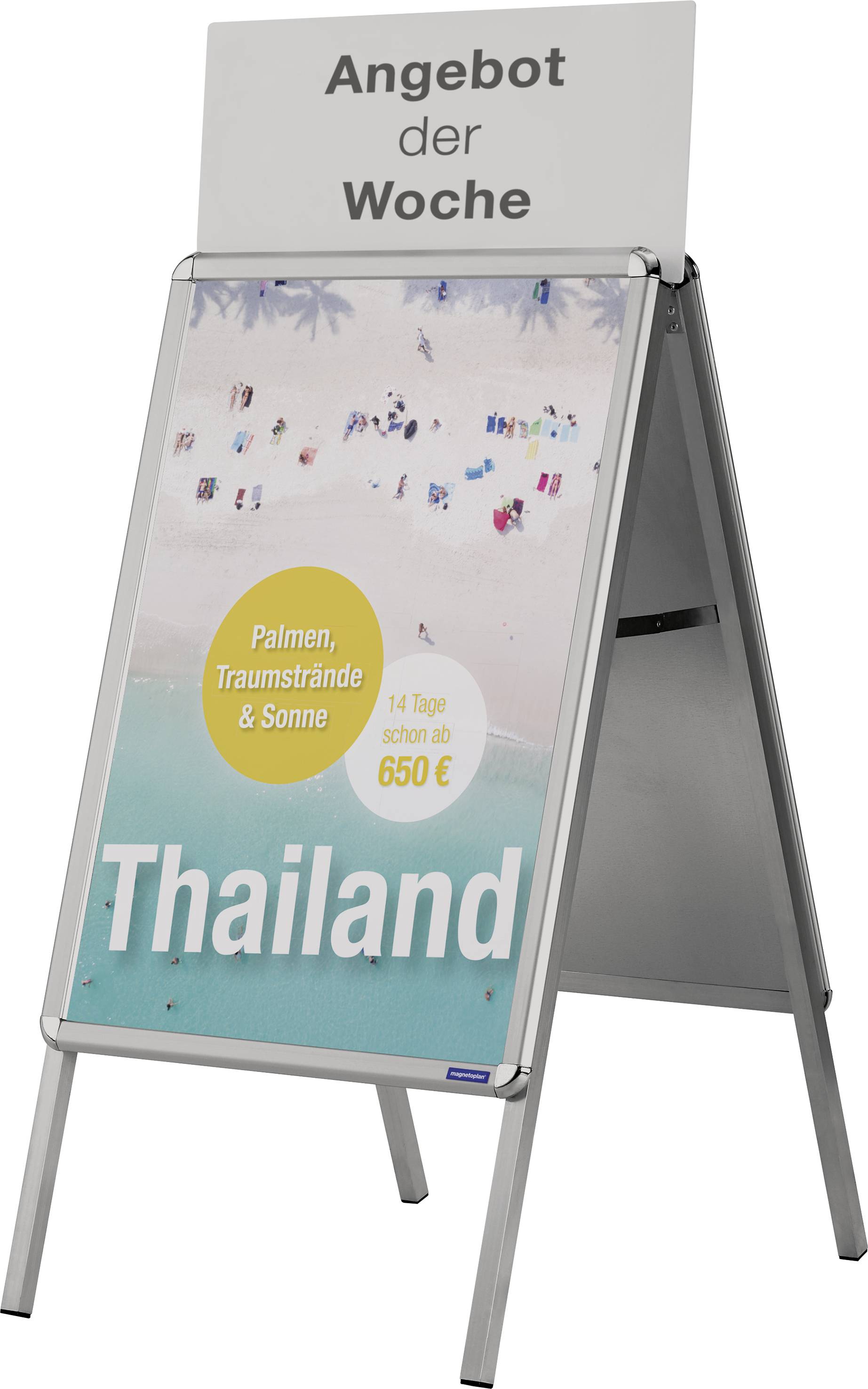 Angebotsplakat für eine Thailand-Reise. Bild von einem Strand aus der Vogelperspektive. Text: 'Palmen, Traumstrände & Sonne. 14 Tage schon ab 650 EUR'.