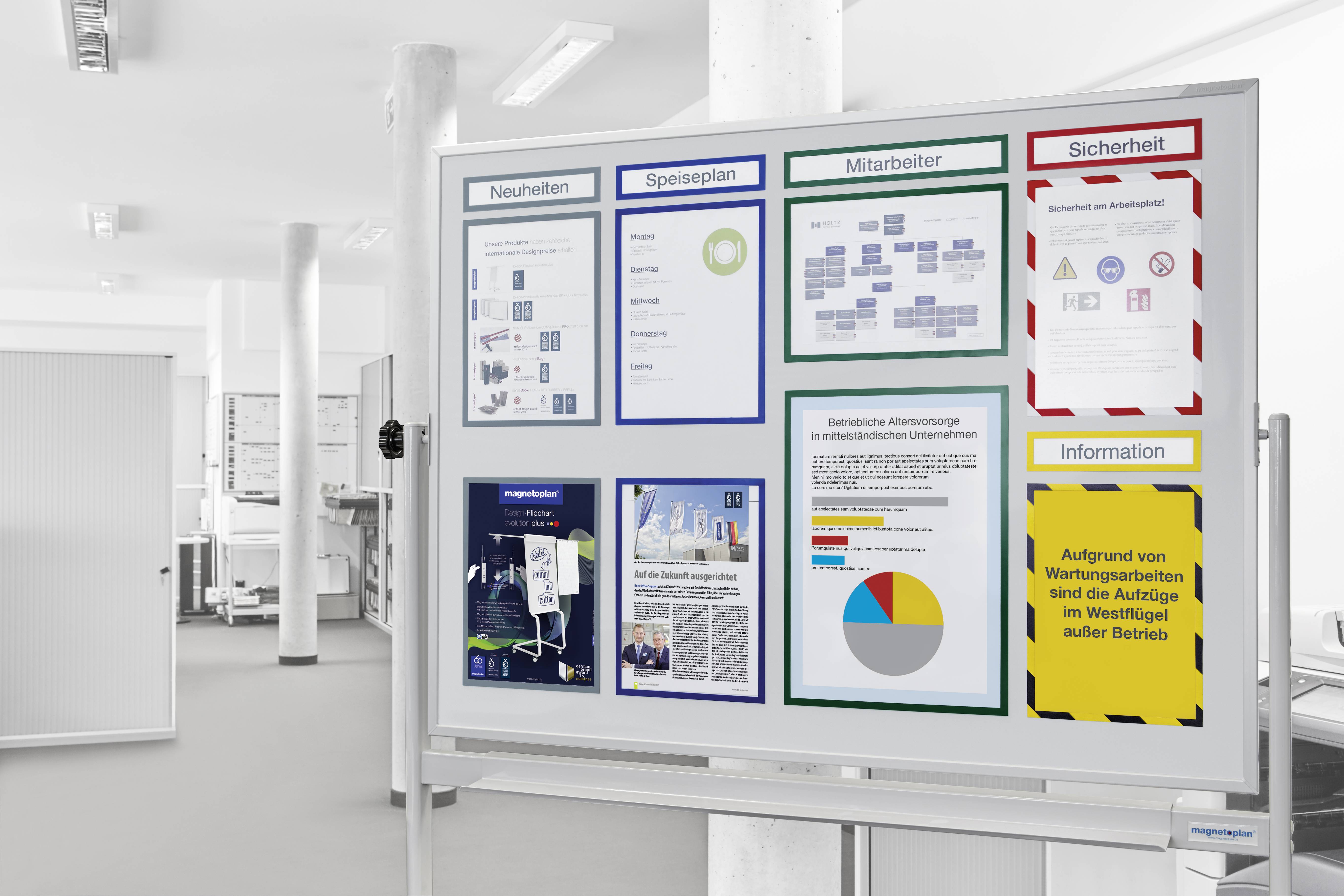 Ein Infoboard mit Kategorien: 'Neuheiten', 'Speiseplan', 'Mitarbeiter', 'Sicherheit', 'Information'. Gelber Hinweis: Aufzug gesperrt.