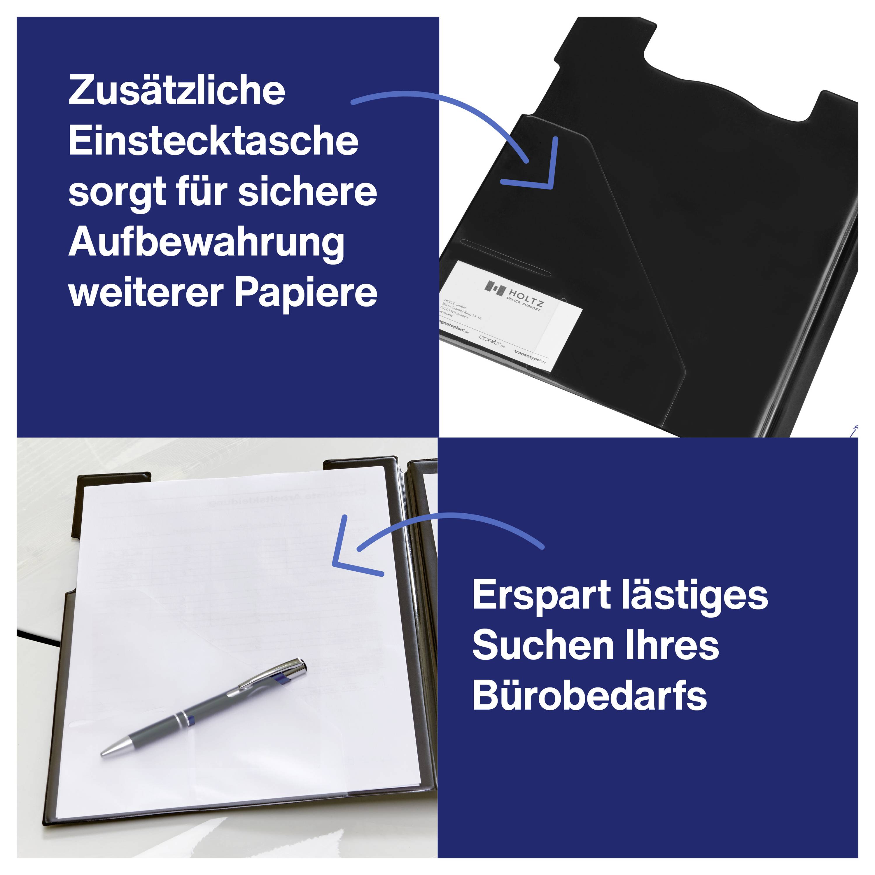 Zusätzliche Einstecktasche für sichere Aufbewahrung weiterer Papiere. Erspart lästiges Suchen Ihres Bürobedarfs.