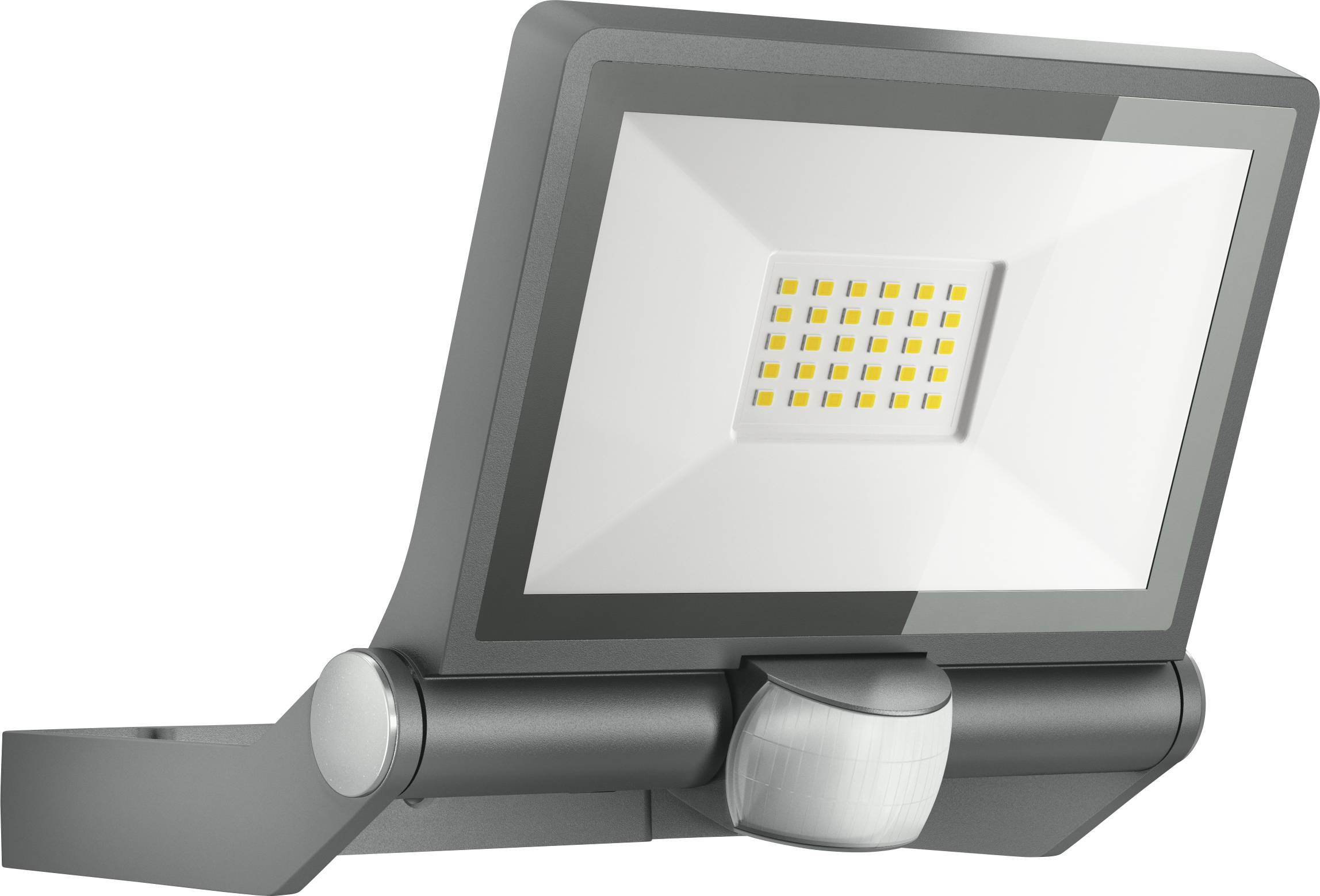 Graue LED-Flutlichtleuchte mit verstellbarer Halterung und quadratischem Reflektor auf weißem Hintergrund.