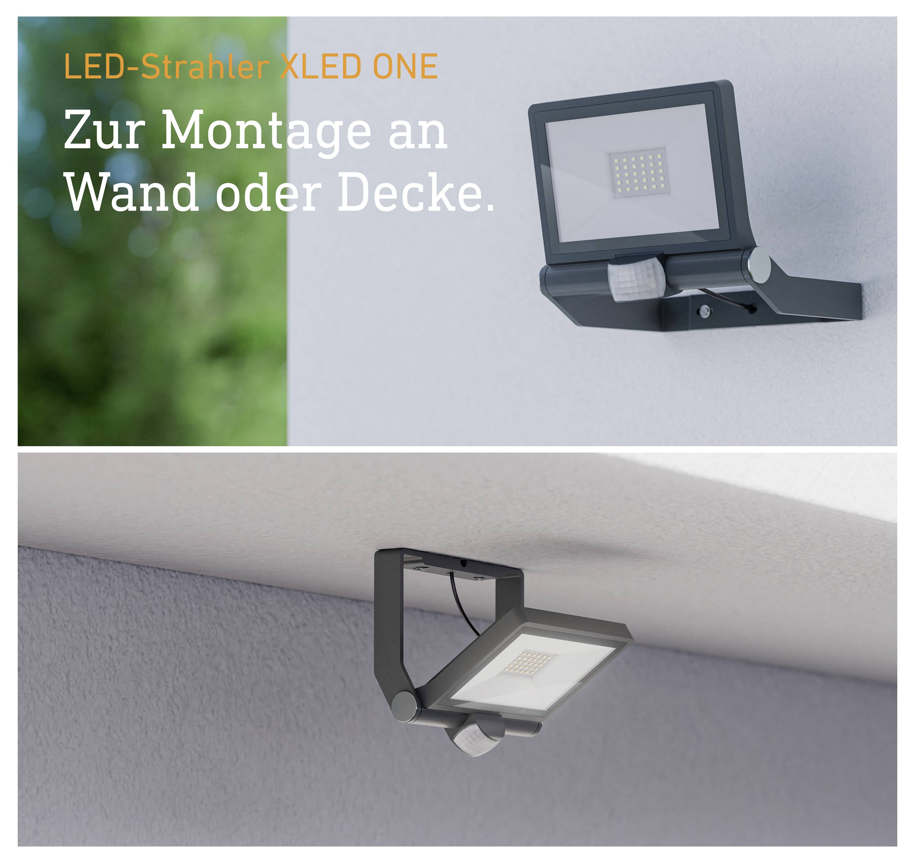 Produktbild des LED-Strahlers XLED ONE: für Montage an Wand oder Decke, gezeigt in zwei Anwendungsansichten.