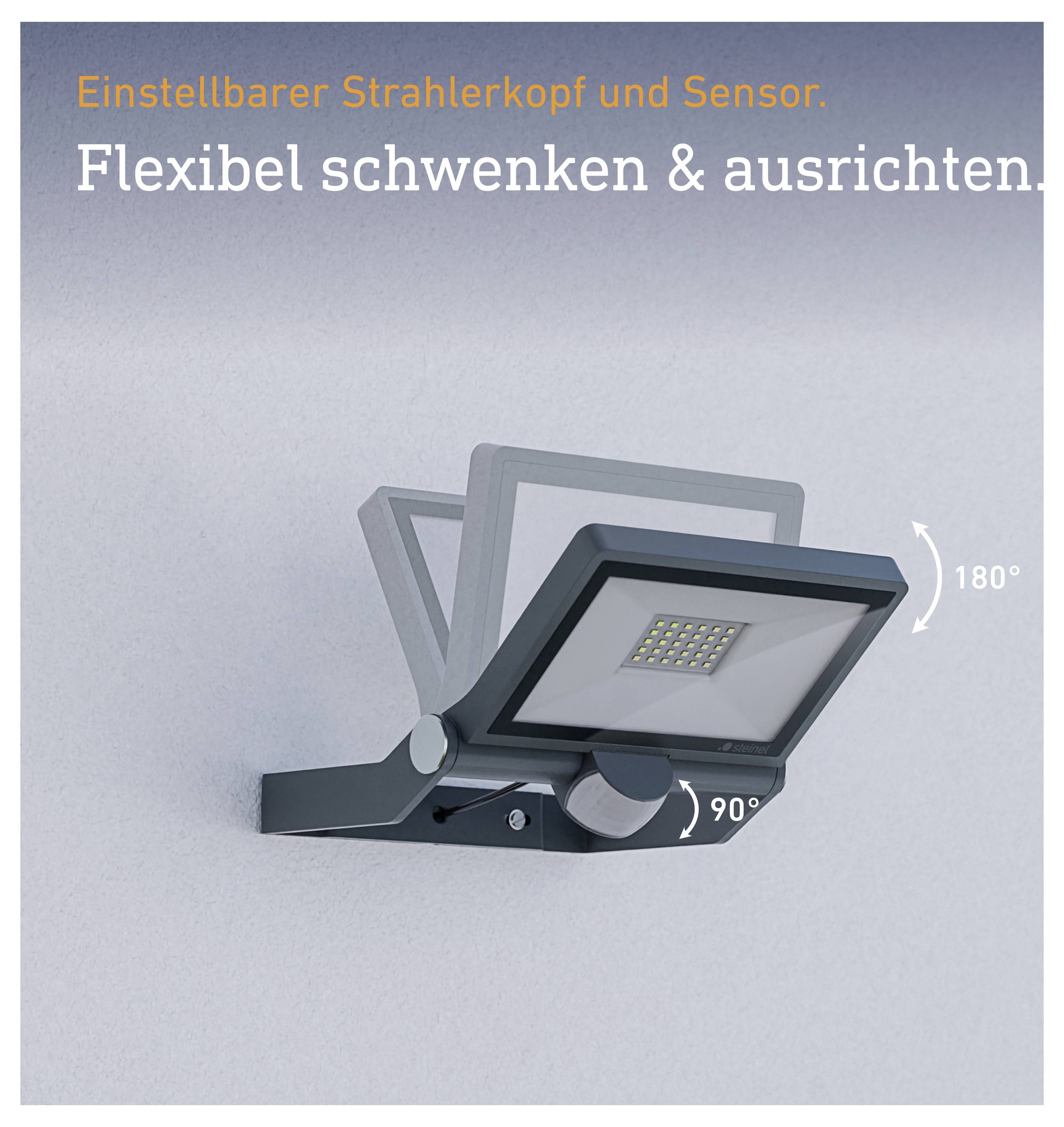 Verstellbarer LED-Strahler mit schwenkbarem Kopf und Sensor, flexibel ausrichtbar um 180° und 90°.