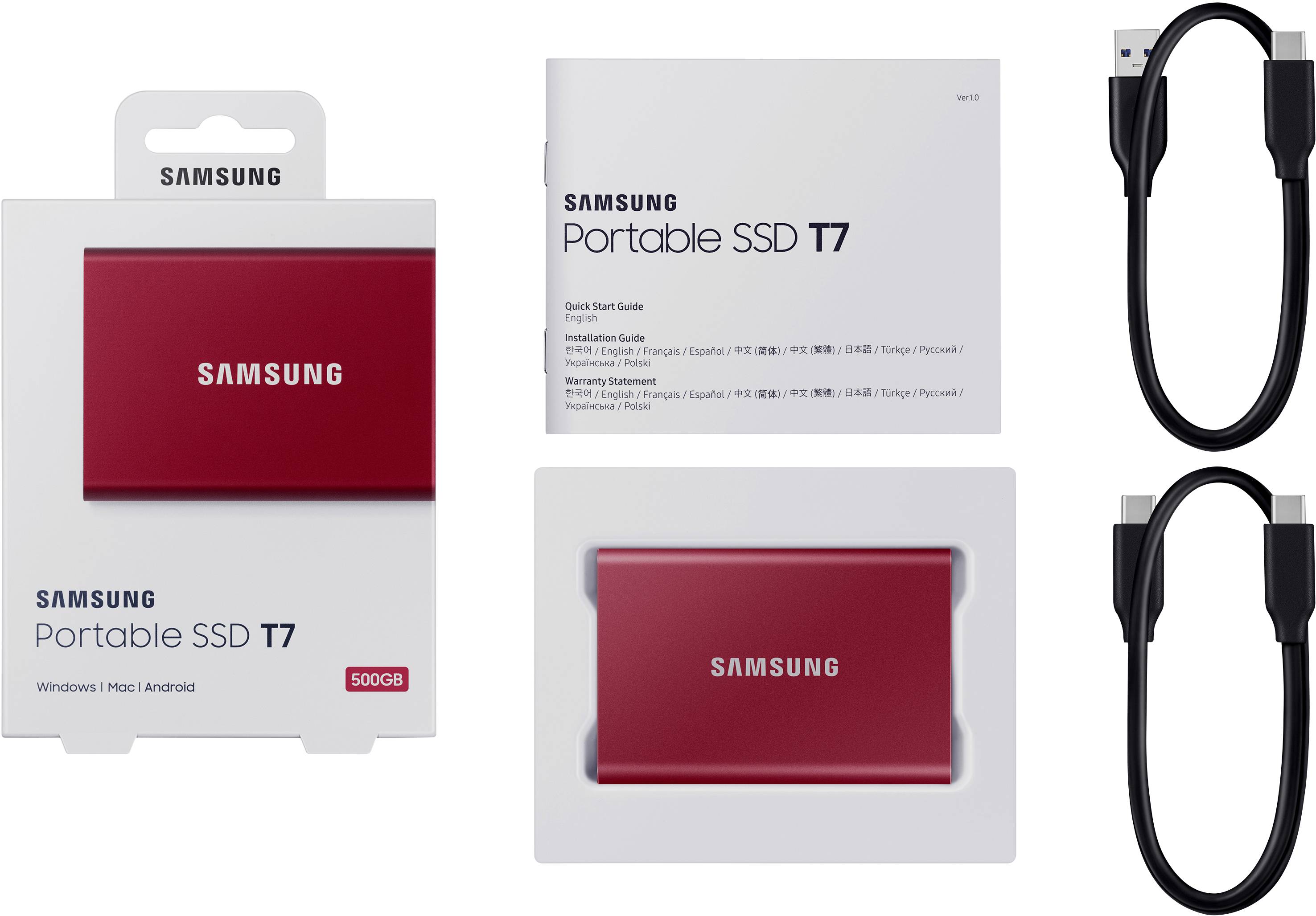 Samsung Portable T7 500 GB Externe SSD USB 3.2 Gen 2 Rot PC/Mac MU-PC500R/WW