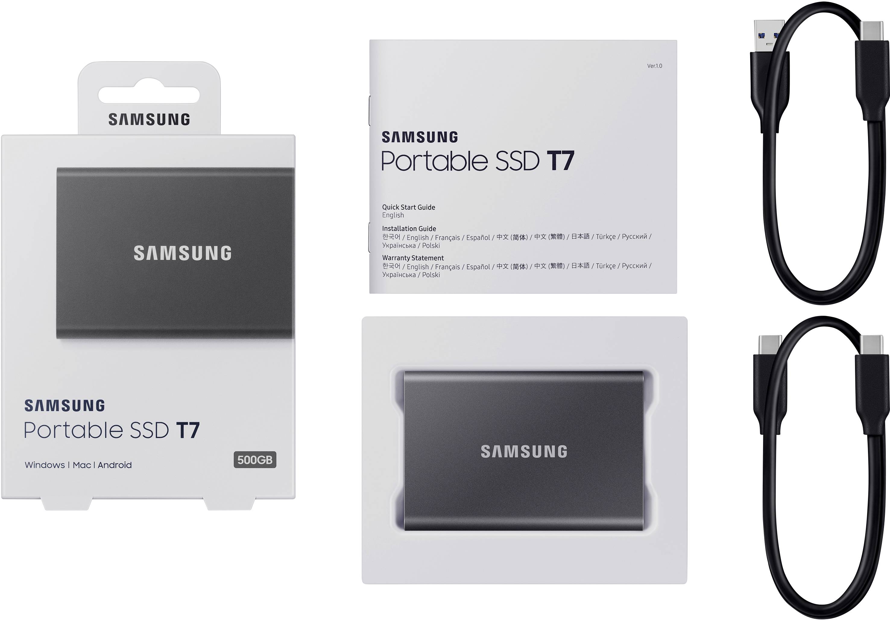 Samsung Portable T7 500 GB Externe SSD USB-A (USB 3.2 Gen 2) Grau PC/Mac MU-PC500T/WW